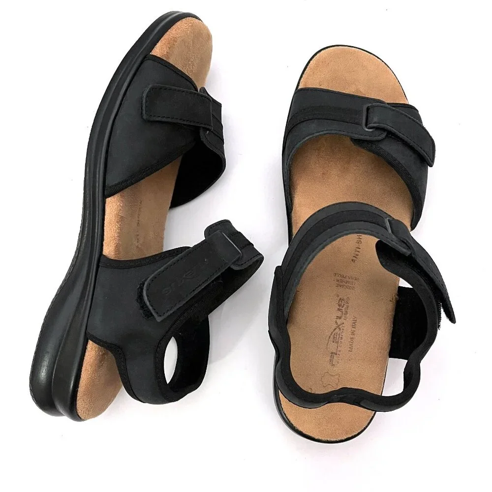 Flexus Sandals Made in Italy Black Leather Comfort Ankle Strap Spring Step - Picture 1 of 12